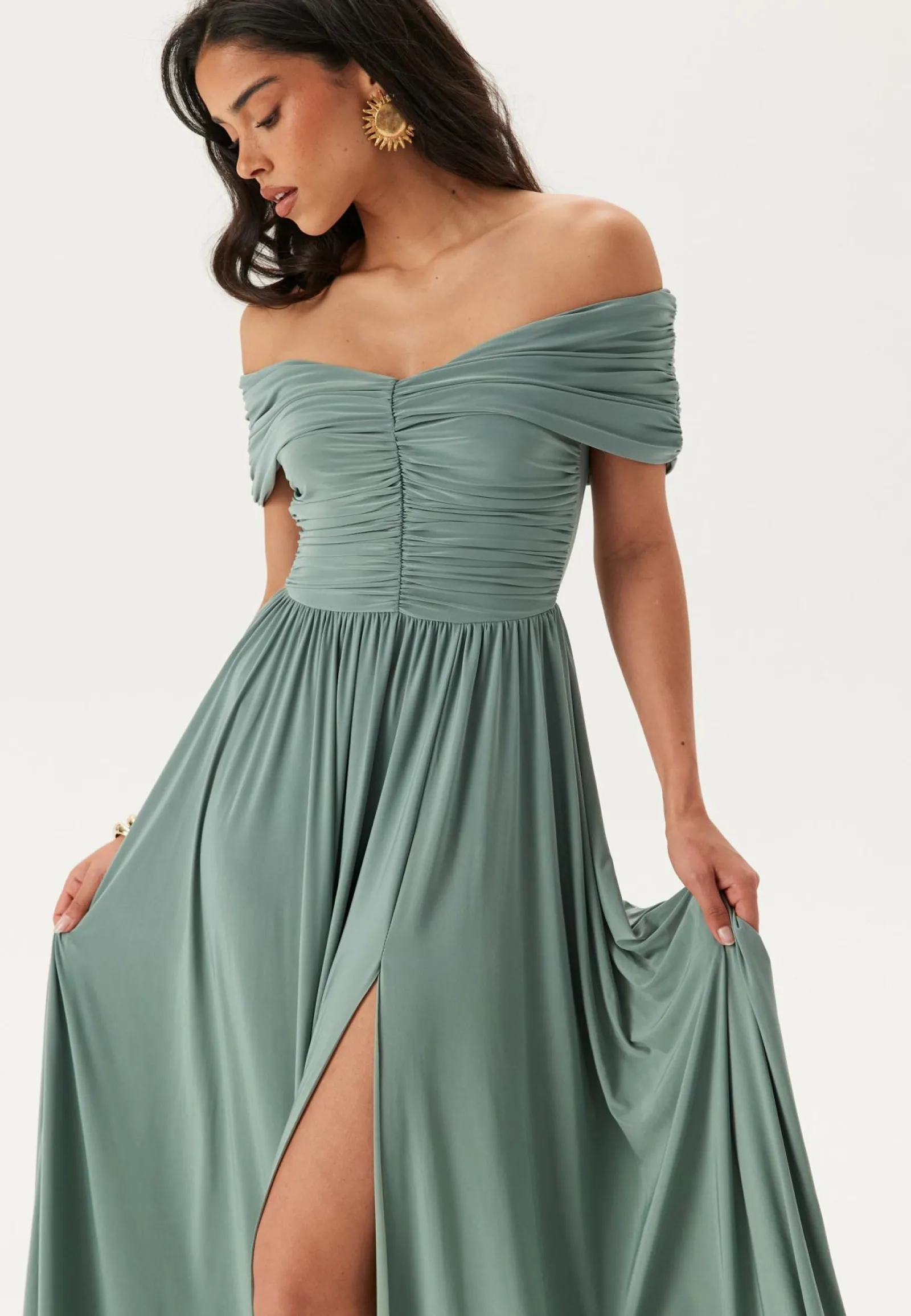Goddiva Morsiusneitomekot|Vanhojentanssimekot*Bardot Rouched Maxi Split Dress