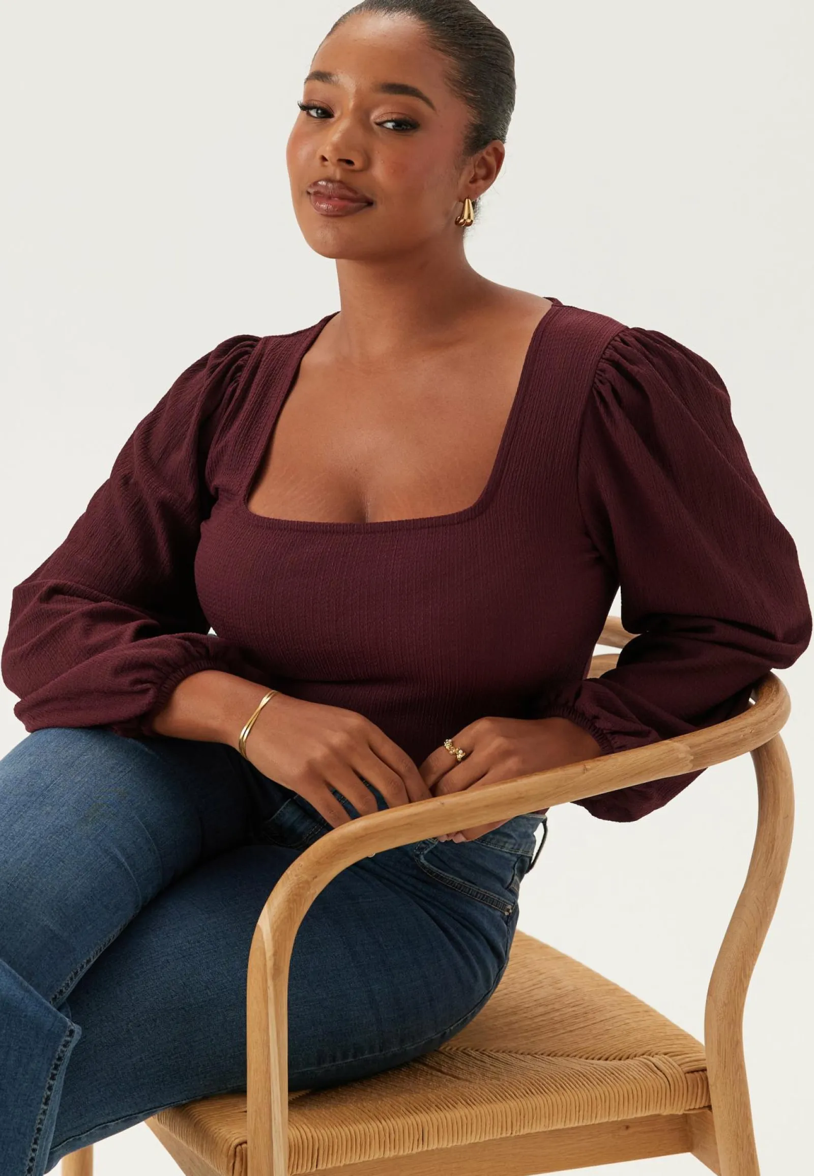 BUBBLEROOM Yksiväriset Puserot Ja Paidat|Rennot Puserot Ja Paidat*Square Neck Balloon Sleeve Top