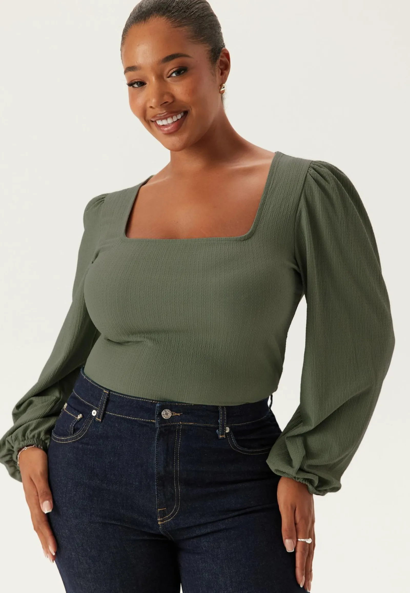 BUBBLEROOM Yksiväriset Puserot Ja Paidat|Rennot Puserot Ja Paidat*Square Neck Balloon Sleeve Top